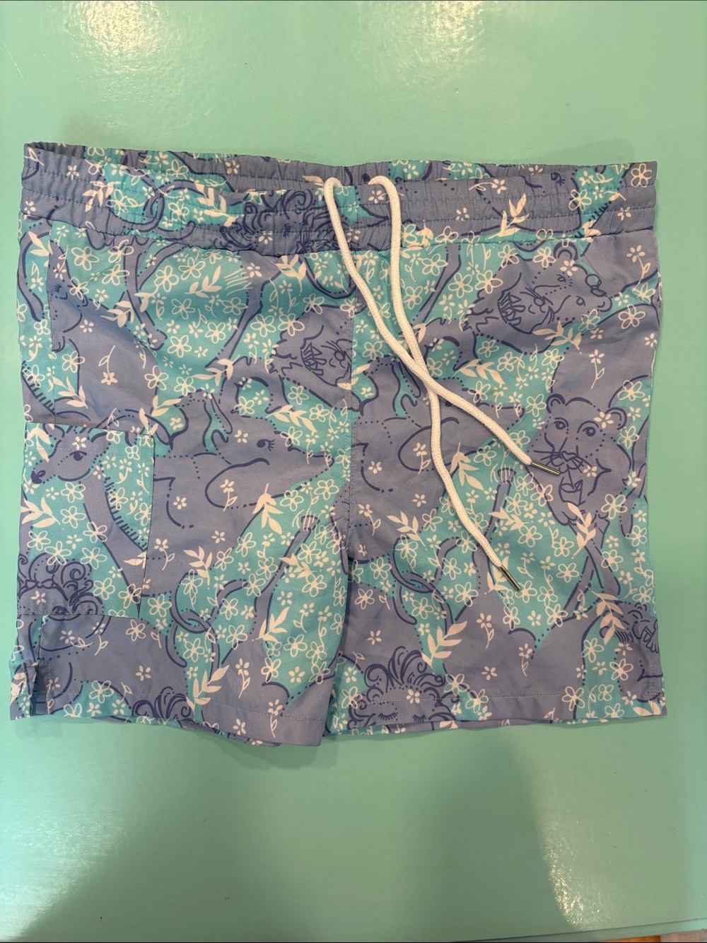 Lilly Pulitzer Blue & Mint Floral Swim Trunks with White Drawstring